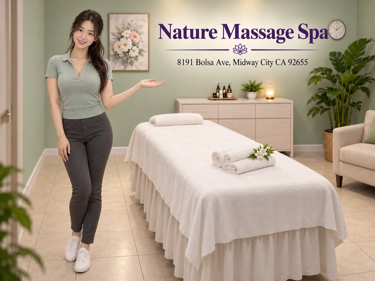 Staff member in a calm, sage-green private room at Nature Massage Spa in Midway City, CA