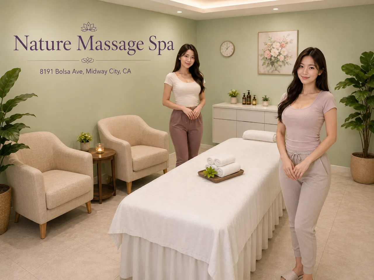 Two friendly staff members beside a made-up massage table at Nature Massage Spa in Midway City, CA