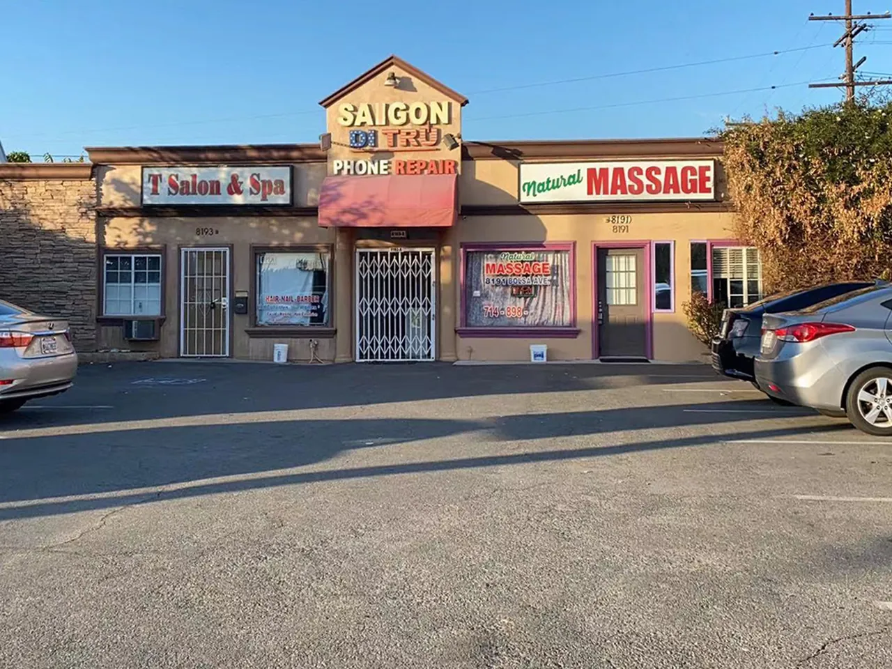Storefront of Nature Massage Spa on Bolsa Ave in Midway City, CA, with the MASSAGE sign